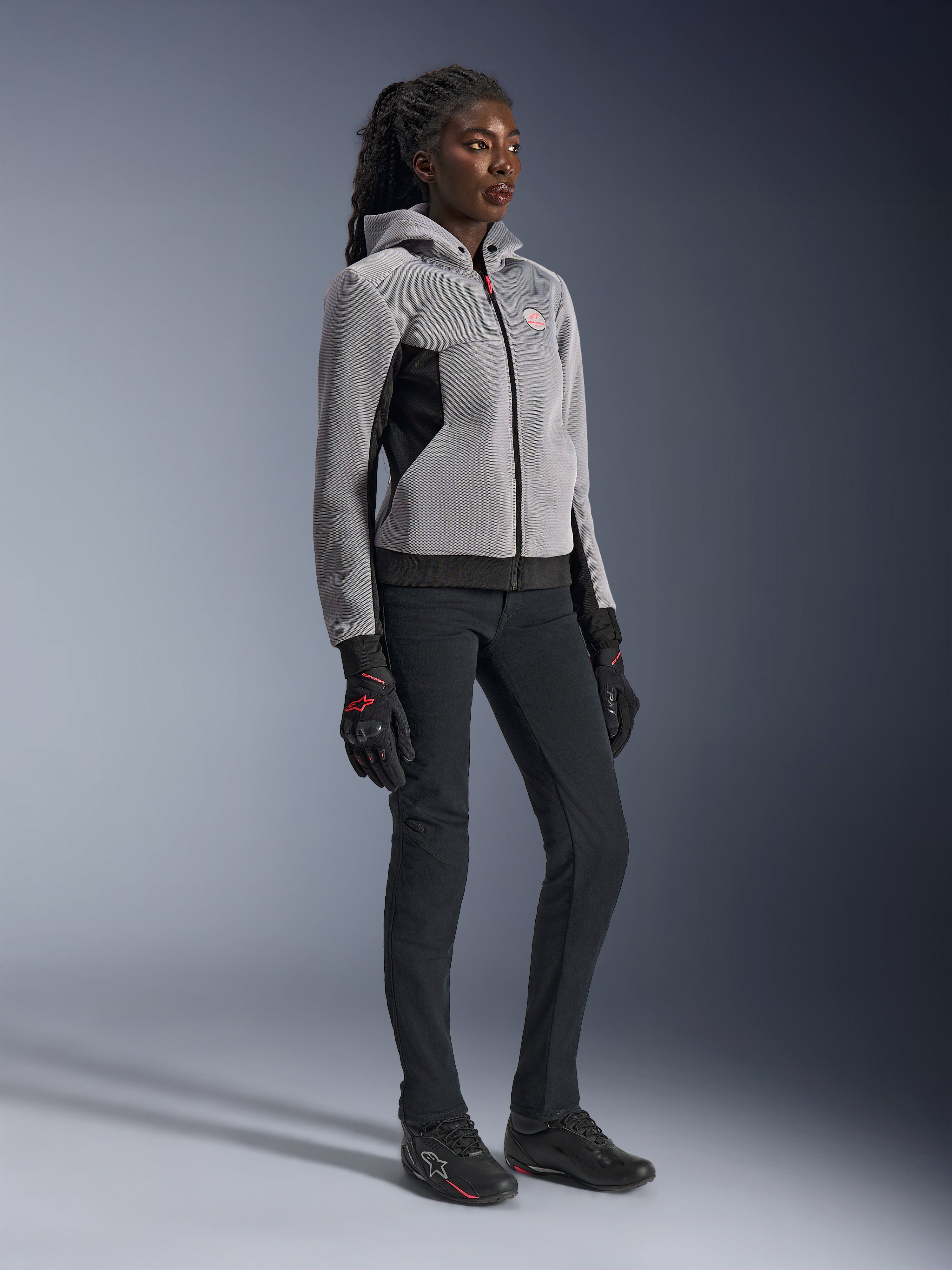Alpinestars Women Stella Chrome Superairflow Hoodie, gray and black mesh motorcycle hoodie with pink accents for urban riding.