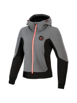 Alpinestars Woman Stella Radium Tech Hoodie, technical motorcycle hoodie, Deep Gray and Black with bright coral accents, 3-layer windproof shell, urban riding design, adjustable hood and athletic fit