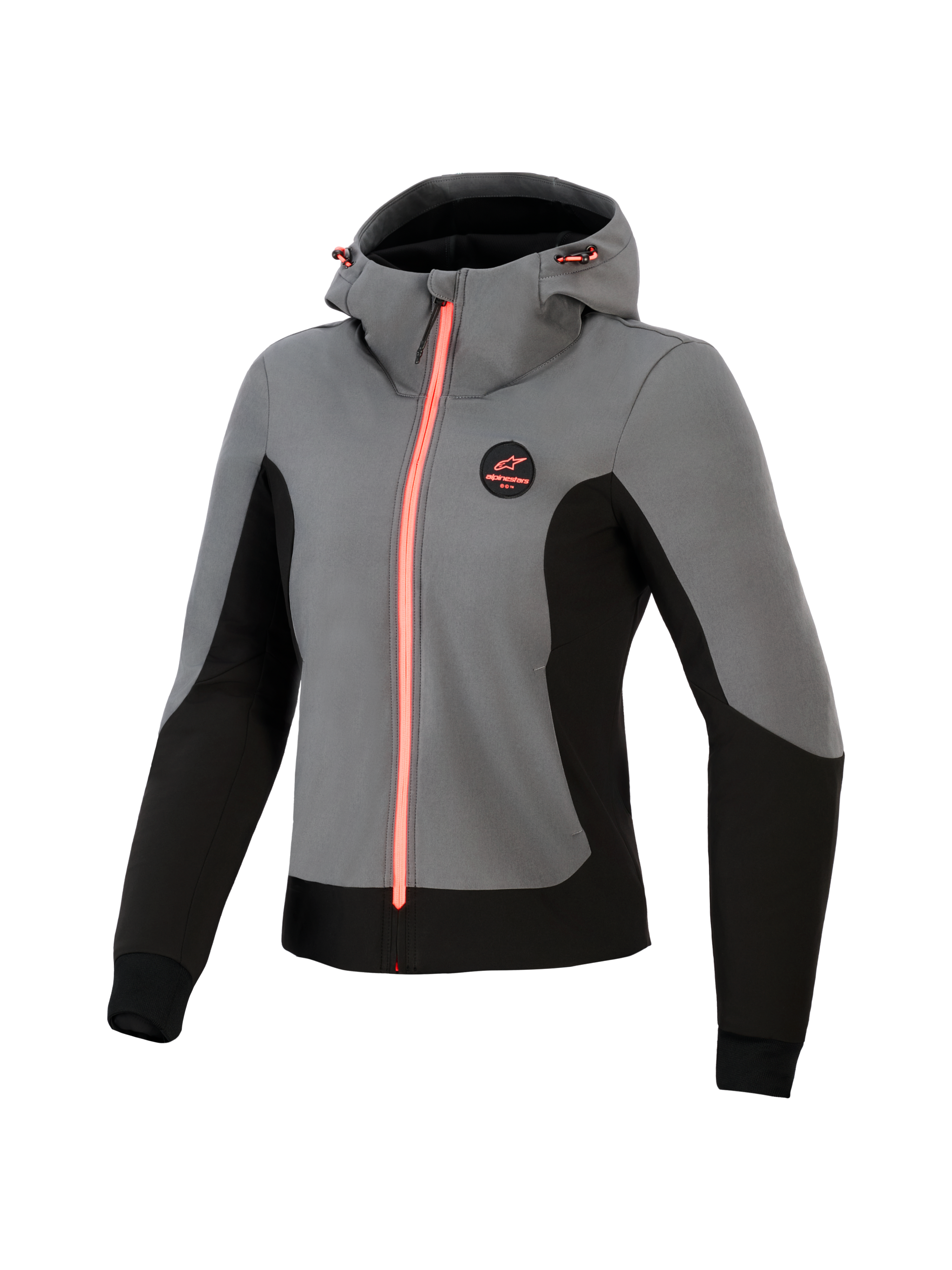 Alpinestars Woman Stella Radium Tech Hoodie, technical motorcycle hoodie, Deep Gray and Black with bright coral accents, 3-layer windproof shell, urban riding design, adjustable hood and athletic fit
