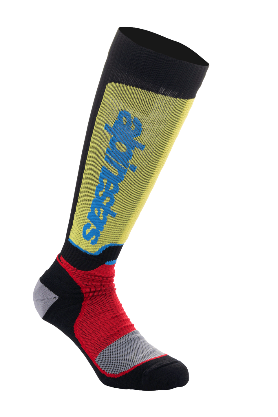 Alpinestars MX Plus Socks, Motocross Riding Socks, Black, Yellow, and Red with Blue branding, knee-length design with ribbed texture and reinforced gray padding, technical off-road performance socks