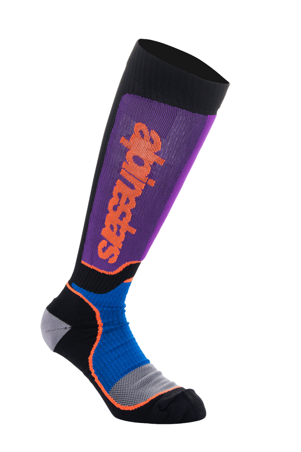 Alpinestars MX Plus Socks, Motocross Knee-High Socks, Black Royal Blue and Purple, featuring a purple ribbed leg with a vertical orange Alpinestars logo, royal blue mesh ankle panels with orange accents, and a gray-black reinforced foot, performance off-road riding gear