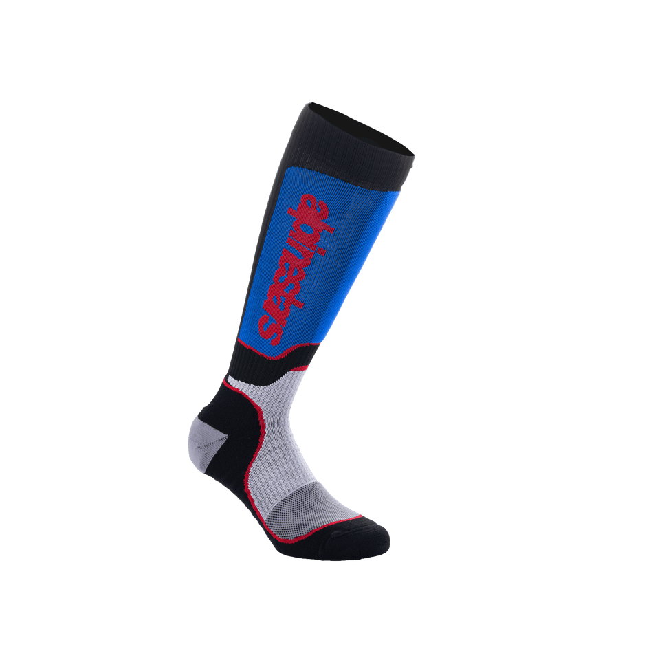 Alpinestars Youth MX Plus Socks, Motocross Knee-High Socks, Black, Royal Blue and Gray, featuring a vertical red Alpinestars logo, ribbed compression fit with reinforced heel and toe, performance gear for young riders