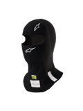 Alpinestars ZX Evo V3 Balaclava, Black, flame-resistant auto racing head sock, featuring white Alpinestars logos, hydration tube port, and FIA/SFI homologation tags, lightweight and ergonomic design for motorsport use