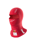 Alpinestars ZX Evo V3 Balaclava, Red, Flame-Resistant Auto Racing Head Layer, featuring white Astars logos, hydration tube opening, and FIA and SFI certification labels on the bottom edge.