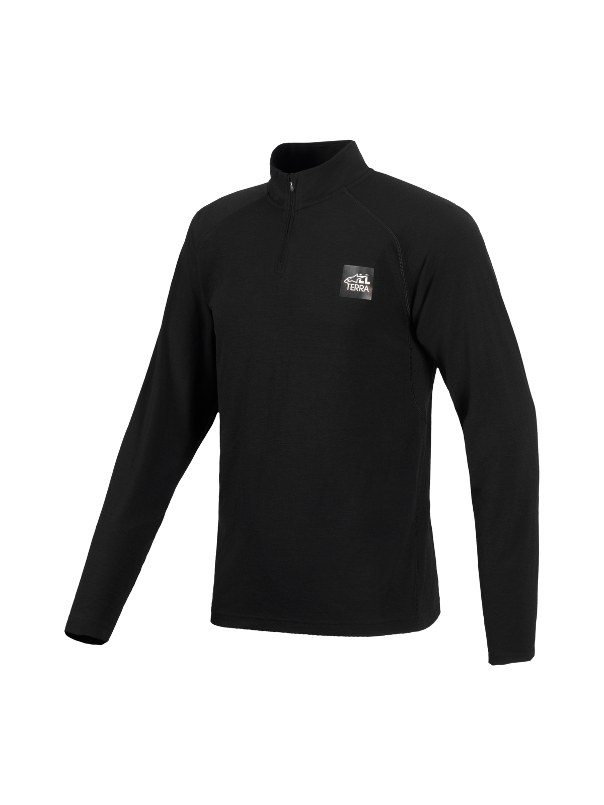 Alpinestars AT-8 Merino Top Layer, All Terra adventure motorcycle long sleeve base layer, Black, merino wool blend construction with half-zip collar and Alpinestars All Terra chest logo