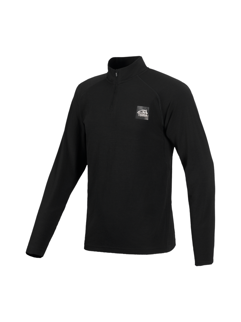 Alpinestars AT-8 Merino Top Layer, All Terra adventure motorcycle long sleeve base layer, Black, merino wool blend construction with half-zip collar and Alpinestars All Terra chest logo