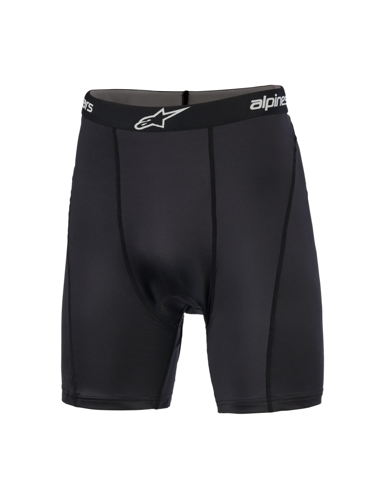 Alpinestars MX Boxer Padded, Motocross Base Layer, Black, compression shorts featuring a branded elastic waistband with white logo, vertical flat-profile stitching, and smooth-knit stretch fabric designed for off-road riding comfort