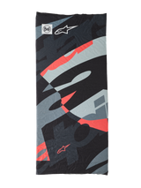 Buff Mogress Neck Tube, multifunctional headwear, Black Camo Red Fluo, abstract pattern in black, gray, and fluorescent red, lightweight seamless fabric featuring Buff and Alpinestars star logos