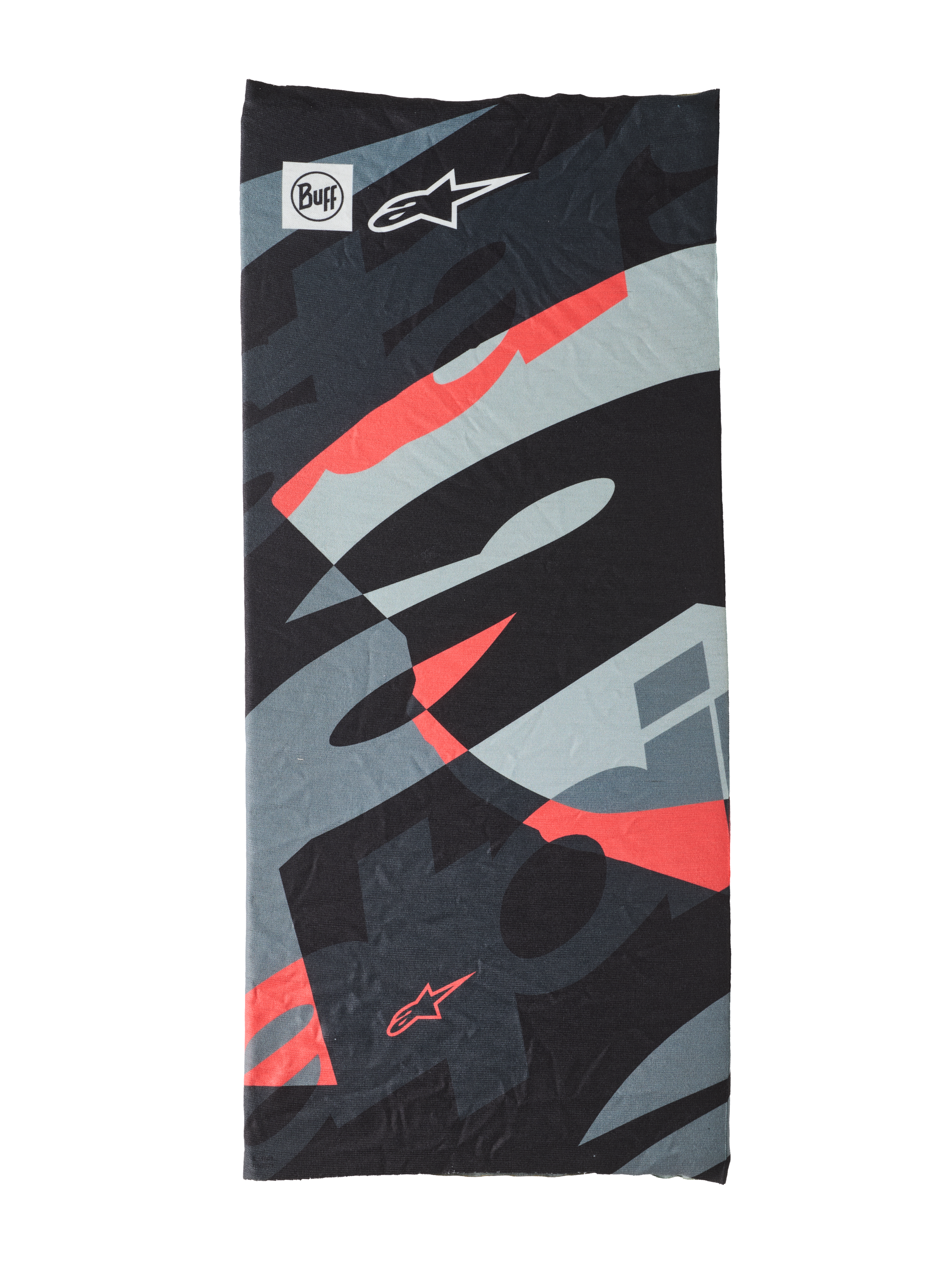 Buff Mogress Neck Tube, multifunctional headwear, Black Camo Red Fluo, abstract pattern in black, gray, and fluorescent red, lightweight seamless fabric featuring Buff and Alpinestars star logos