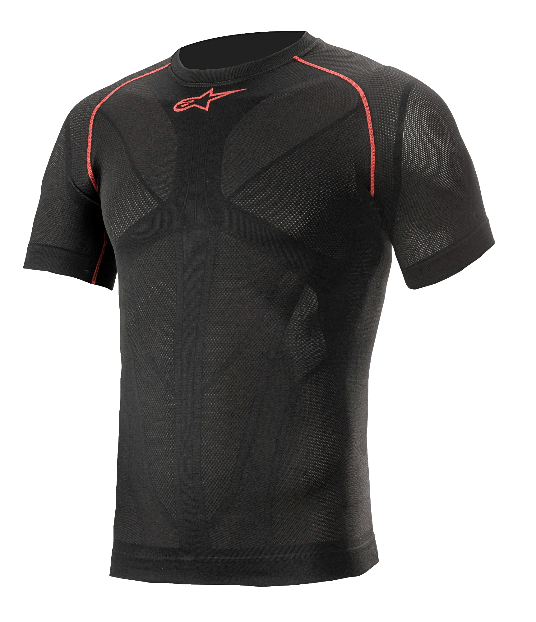 Alpinestars Ride Tech V2 Top Short Sleeve Summer, Black with Red accents, short sleeve motorcycle base layer, compression fit with body-mapped mesh ventilation panels, technical performance wear for summer road and track riding