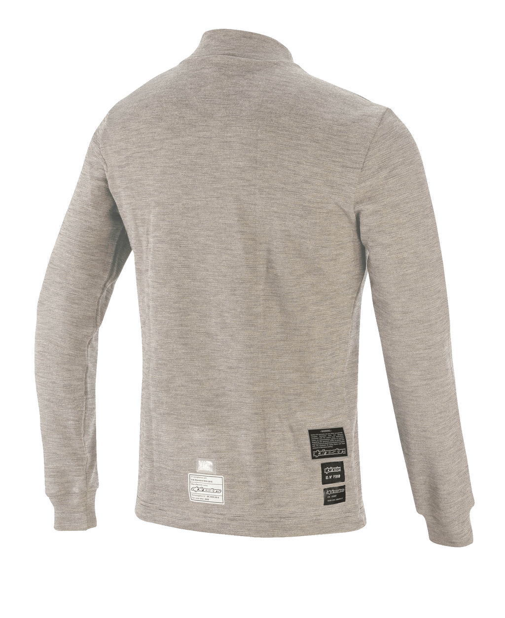 Alpinestars Race V3 Long Sleeve Top, Auto Racing Base Layer, Gray Melange, back view featuring flame-resistant technical fabric and FIA certification patches near the hem