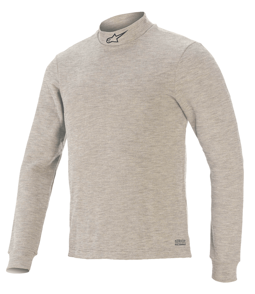 Alpinestars Race V3 Long Sleeve Top, Auto Racing Base Layer, Gray, featuring a mock neck with a black star logo, long sleeves, textured flame-resistant fabric, and Alpinestars branding on the hem