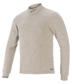 Alpinestars Race V3 Long Sleeve Top, Auto Racing Base Layer, Gray, featuring a mock neck with a black star logo, long sleeves, textured flame-resistant fabric, and Alpinestars branding on the hem