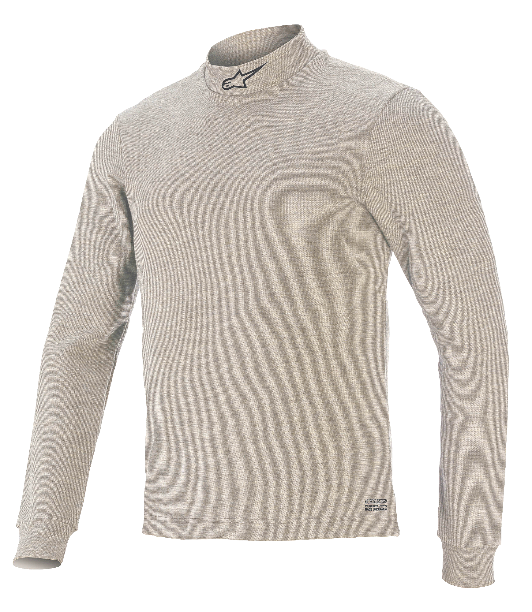 Alpinestars Race V3 Long Sleeve Top, Auto Racing Base Layer, Gray, featuring a mock neck with a black star logo, long sleeves, textured flame-resistant fabric, and Alpinestars branding on the hem