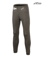 Alpinestars Race V3 Bottom, FIA certified auto racing tech base layer pants in anthracite melange gray, lightweight flame-resistant underlayer featuring an embroidered white Astar logo and homologation label