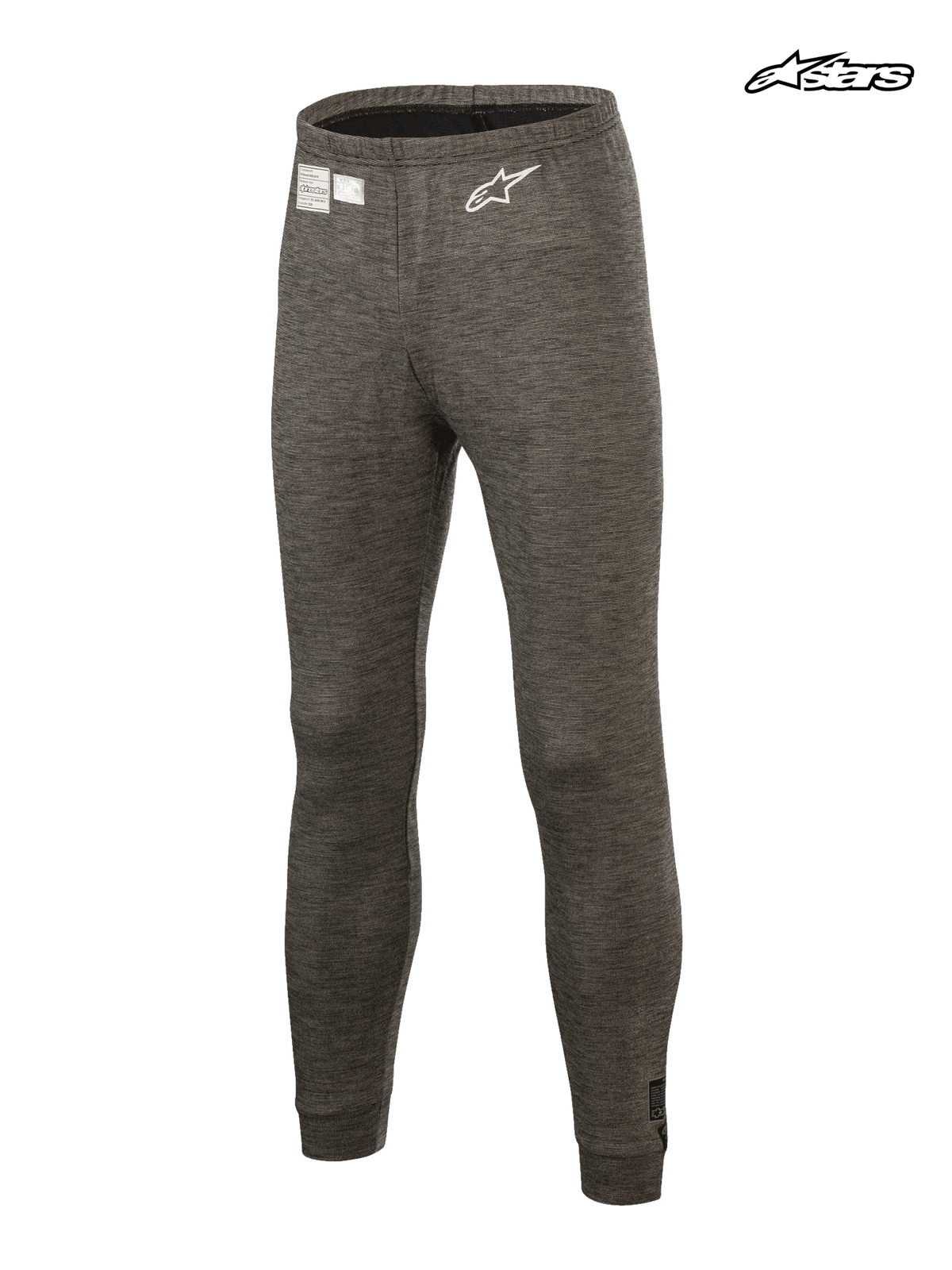 Alpinestars Race V3 Bottom, FIA certified auto racing tech base layer pants in anthracite melange gray, lightweight flame-resistant underlayer featuring an embroidered white Astar logo and homologation label