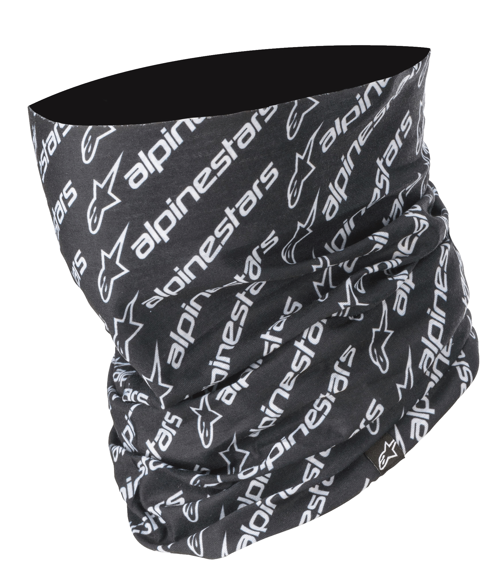 Alpinestars Linear Neck Tube, Motorcycle neck gaiter, Black and White, repeated diagonal Alpinestars logo and text pattern, seamless microfiber construction, lightweight base layer for road riding