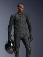 Alpinestars Dusk Airflow Leather Jacket, Black, worn by a male rider with matching leather pants and gloves, holding a black helmet, featuring perforated leather panels and integrated armor for sport motorcycle riding