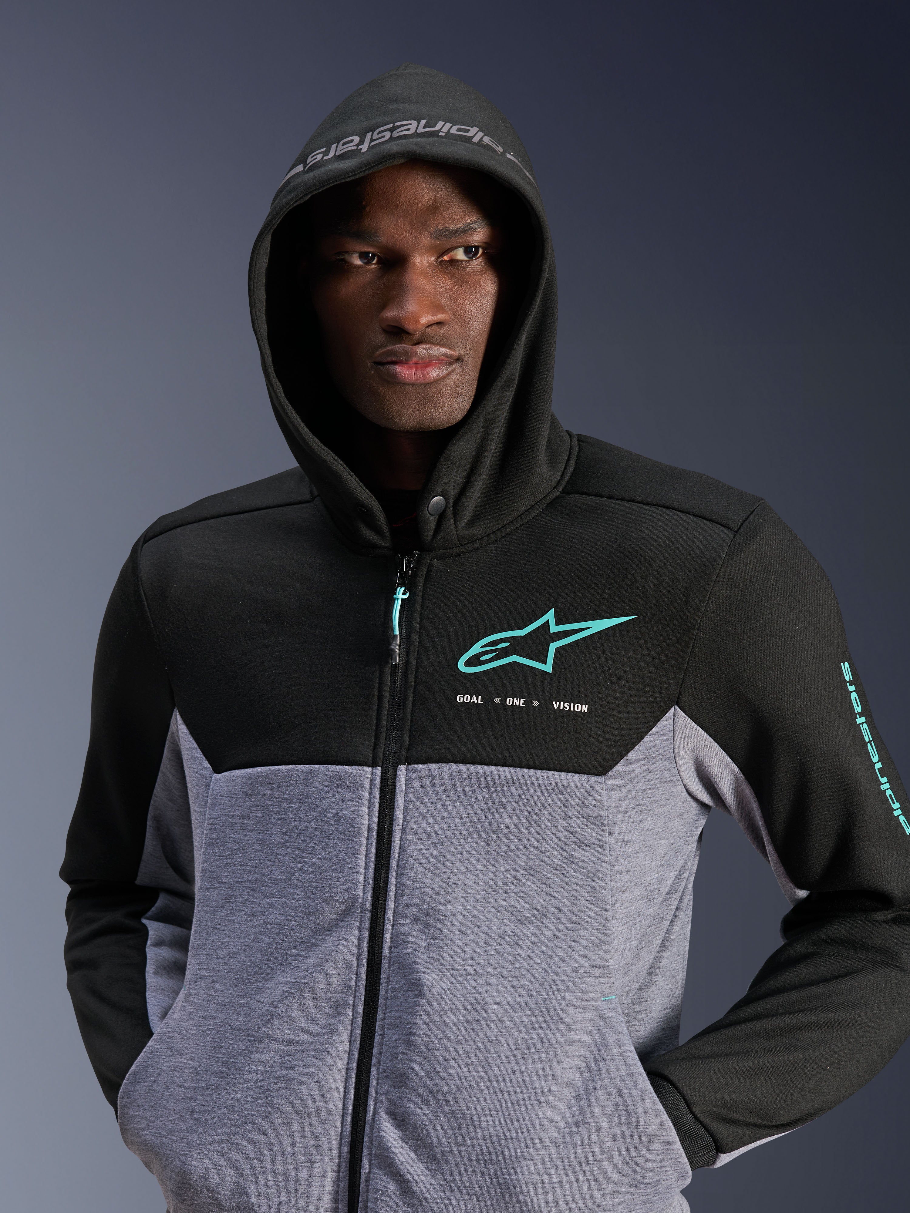 Alpinestars Chrome V2 Sport Hoodie, black and gray heather textile riding jacket for men with turquoise accents.
