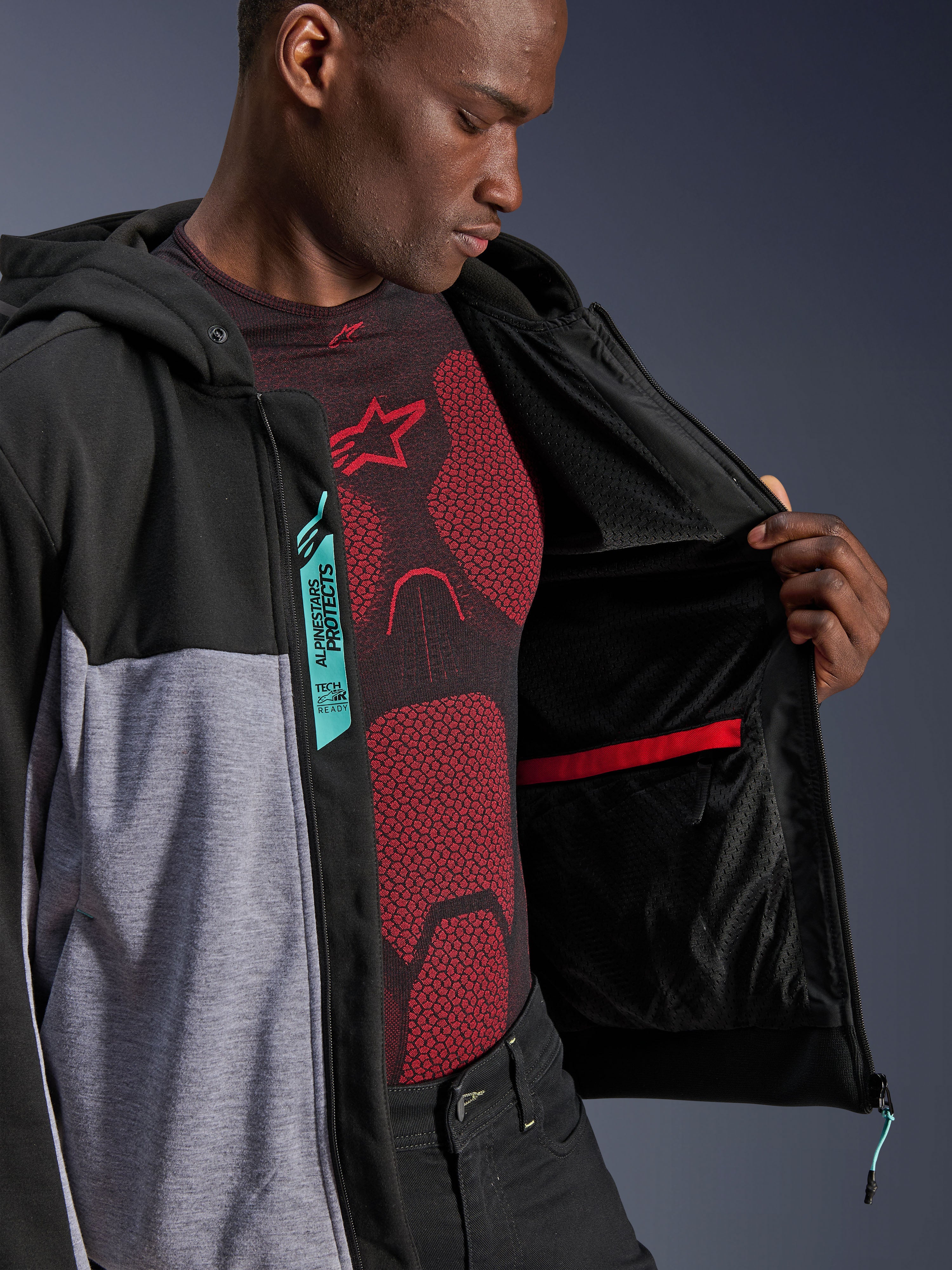 Alpinestars Chrome V2 Sport Hoodie, men's urban motorcycle jacket in black and gray heather, featuring Tech-Air® Ready label.
