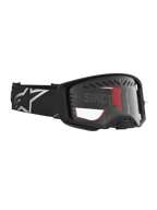 Alpinestars Supertech Dura Air Fluid Goggles, black and silver MX racing goggles with a clear polycarbonate lens.
