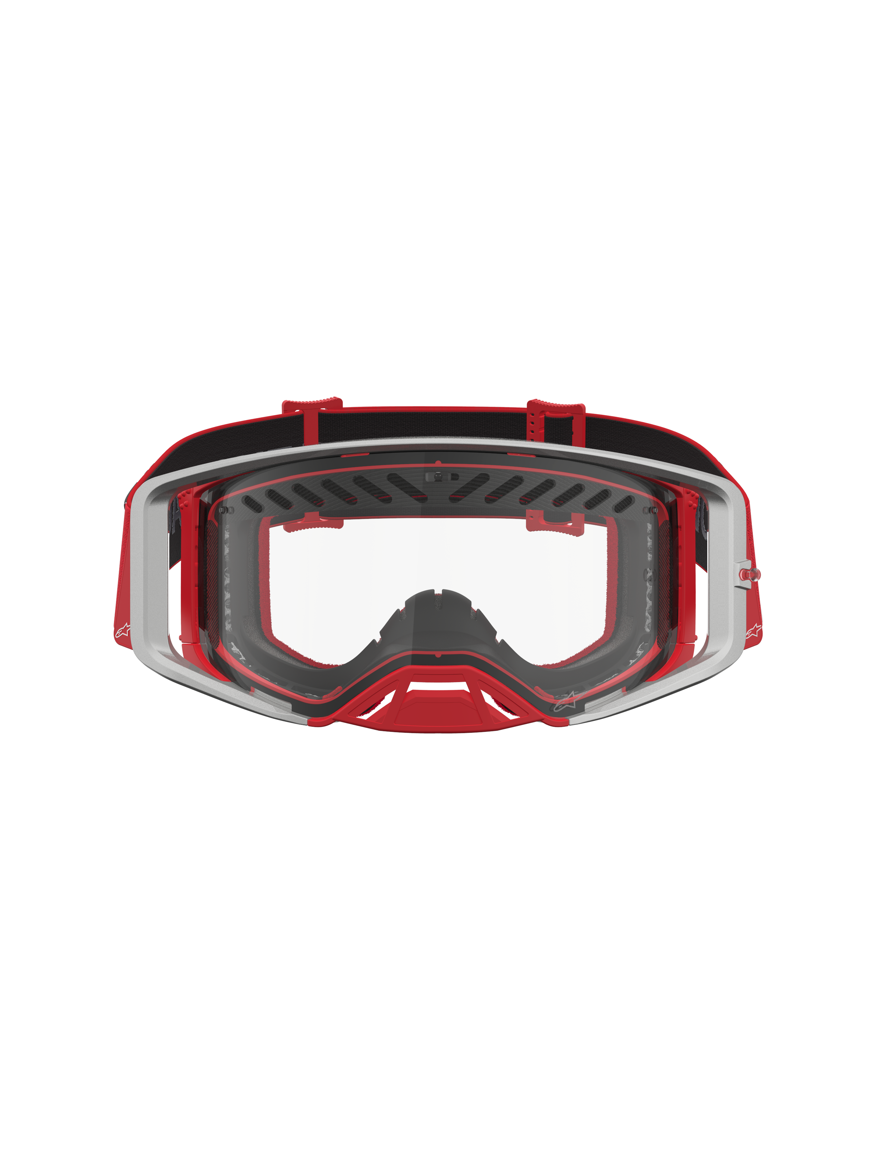 Alpinestars Supertech Dura Air Fluid Goggles, Red and Silver professional motocross goggles with clear polycarbonate lens.