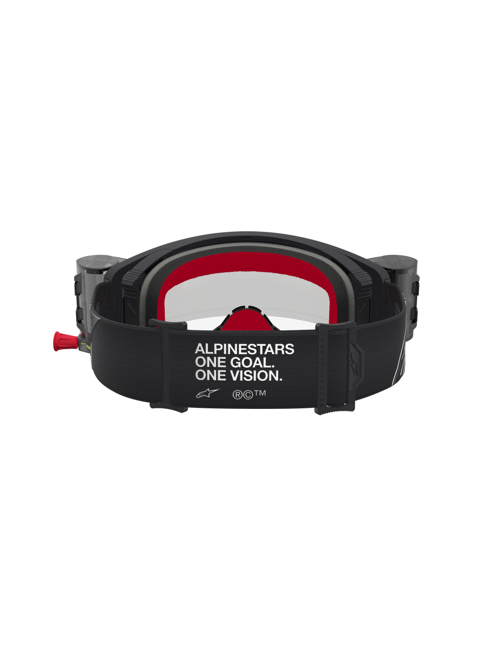 Alpinestars Supertech Firma Roll Off Goggles, black and red motocross goggles with wide branded strap and roll-off system.