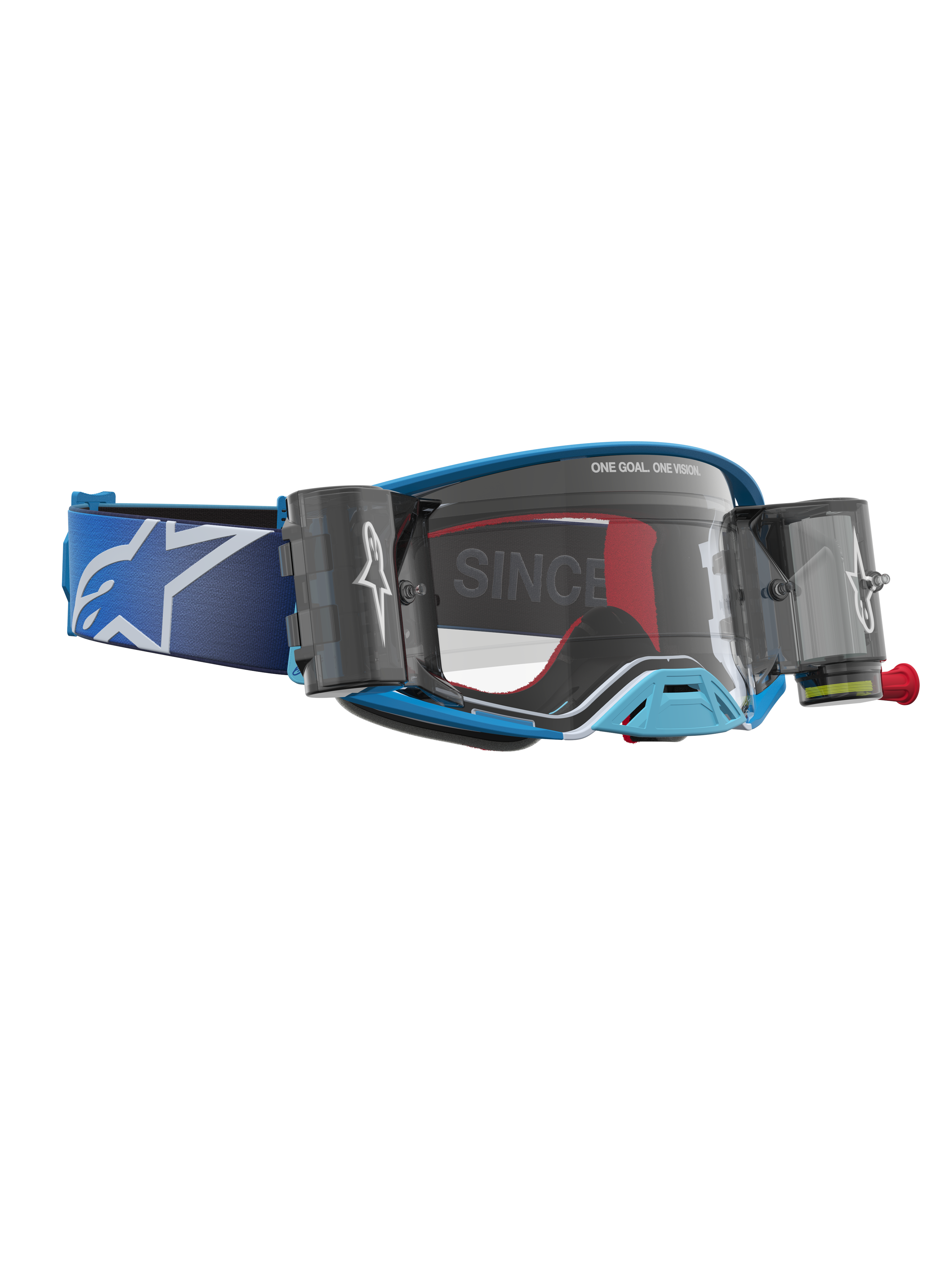 Alpinestars Supertech Firma Roll Off Goggles, blue and silver motocross goggles with clear lens and roll-off canisters.