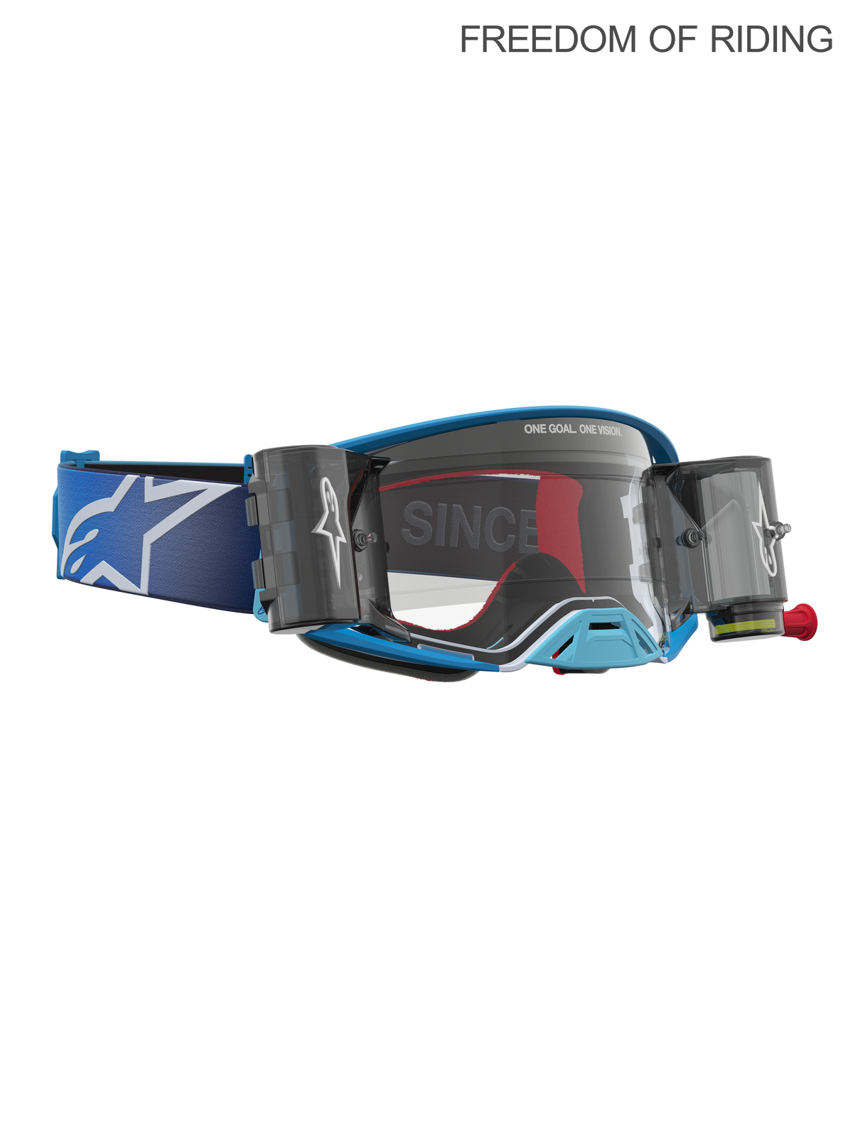 Alpinestars Supertech Firma Roll Off Goggles, Motocross and Off-Road Racing Goggles, Unisex, Blue and Silver with Clear Lens, featuring integrated roll-off canisters for vision clarity in mud and dust.