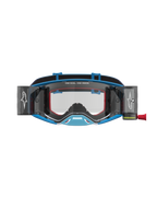 Alpinestars Supertech Firma Roll Off Goggles in Blue and Silver, high-performance motocross gear featuring clear optics and an integrated roll-off system for off-road racing.