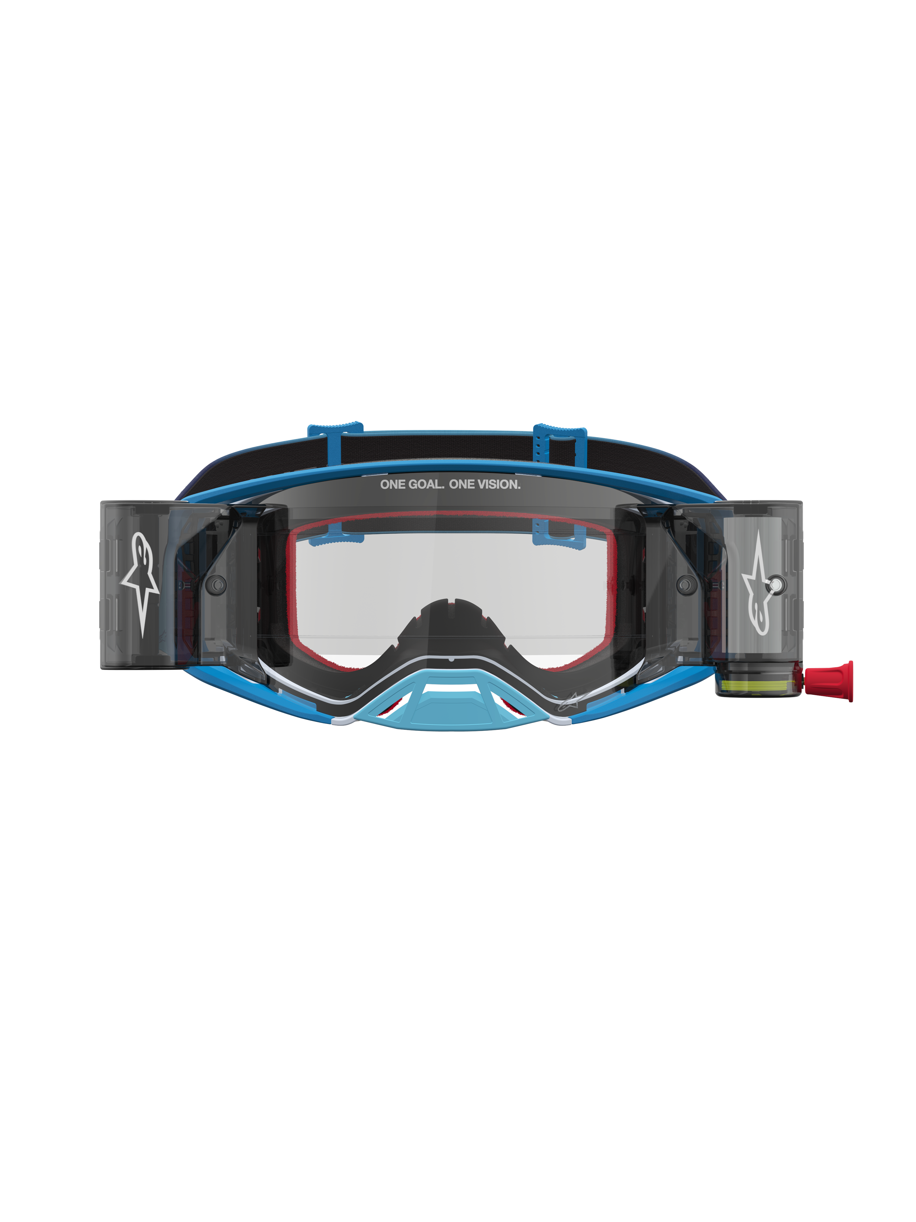 Alpinestars Supertech Firma Roll Off Goggles in Blue and Silver, high-performance motocross gear featuring clear optics and an integrated roll-off system for off-road racing.