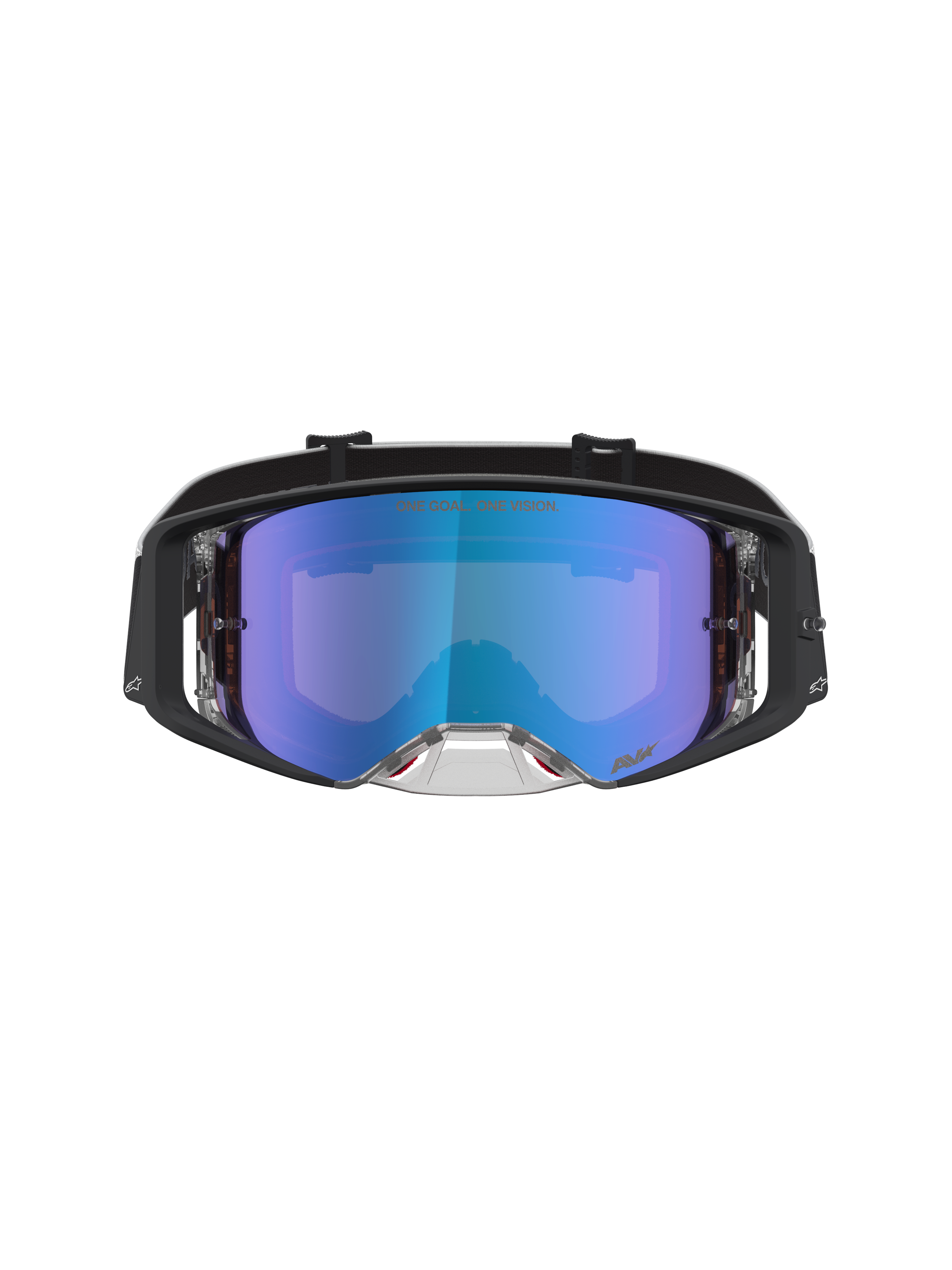 Alpinestars Supertech Atrox Goggles for motocross, featuring a black frame and blue mirrored anti-fog polycarbonate lens.
