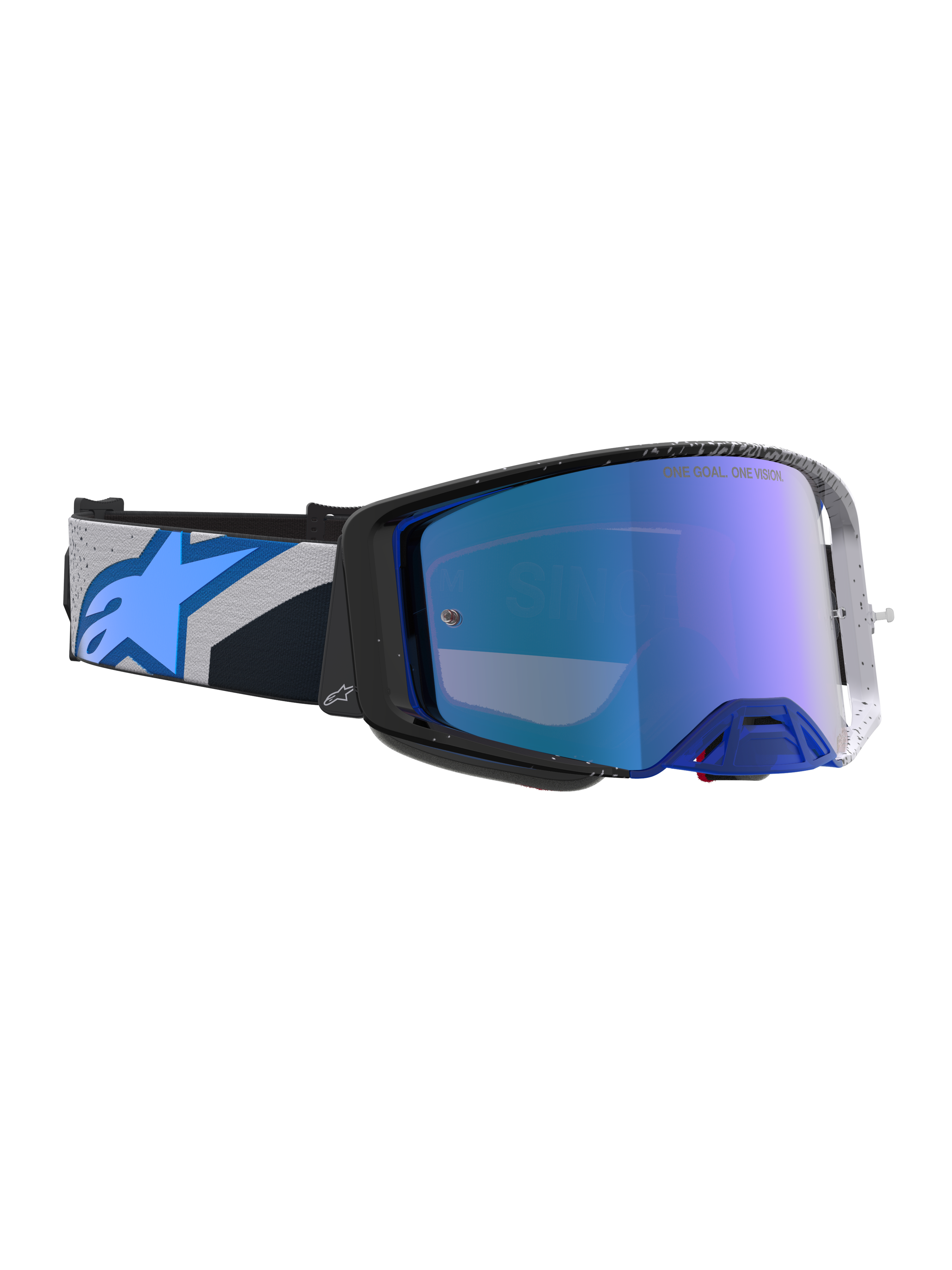 Alpinestars Supertech Hiten Motocross Goggles in Black and Blithe Blue featuring a high-clarity mirrored blue lens.