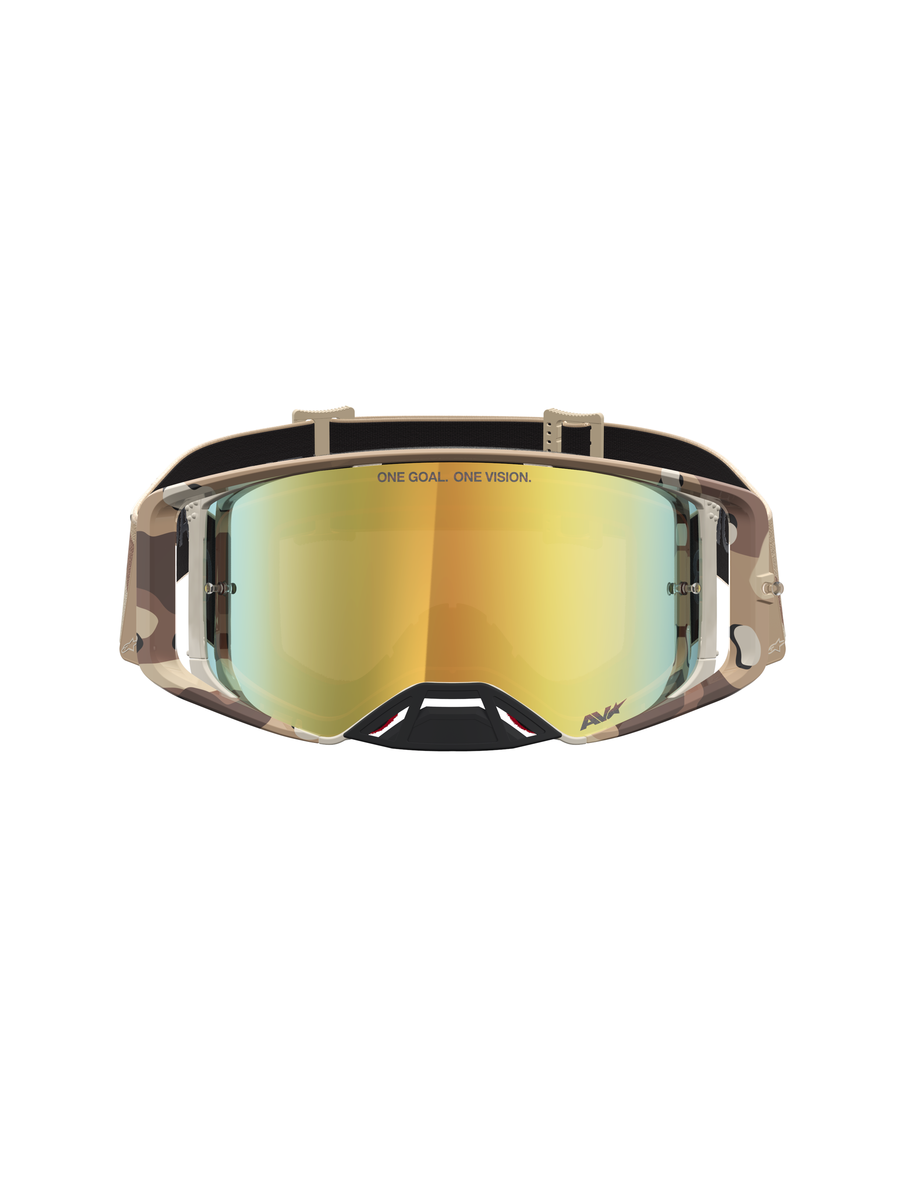 Alpinestars Supertech Lone Motocross Goggles in Camo Desert with a Gold Mirror lens, designed for elite racing performance.