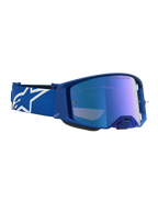 Alpinestars Supertech Vesta Goggles in blue and white, featuring a mirror blue lens for motocross racing.