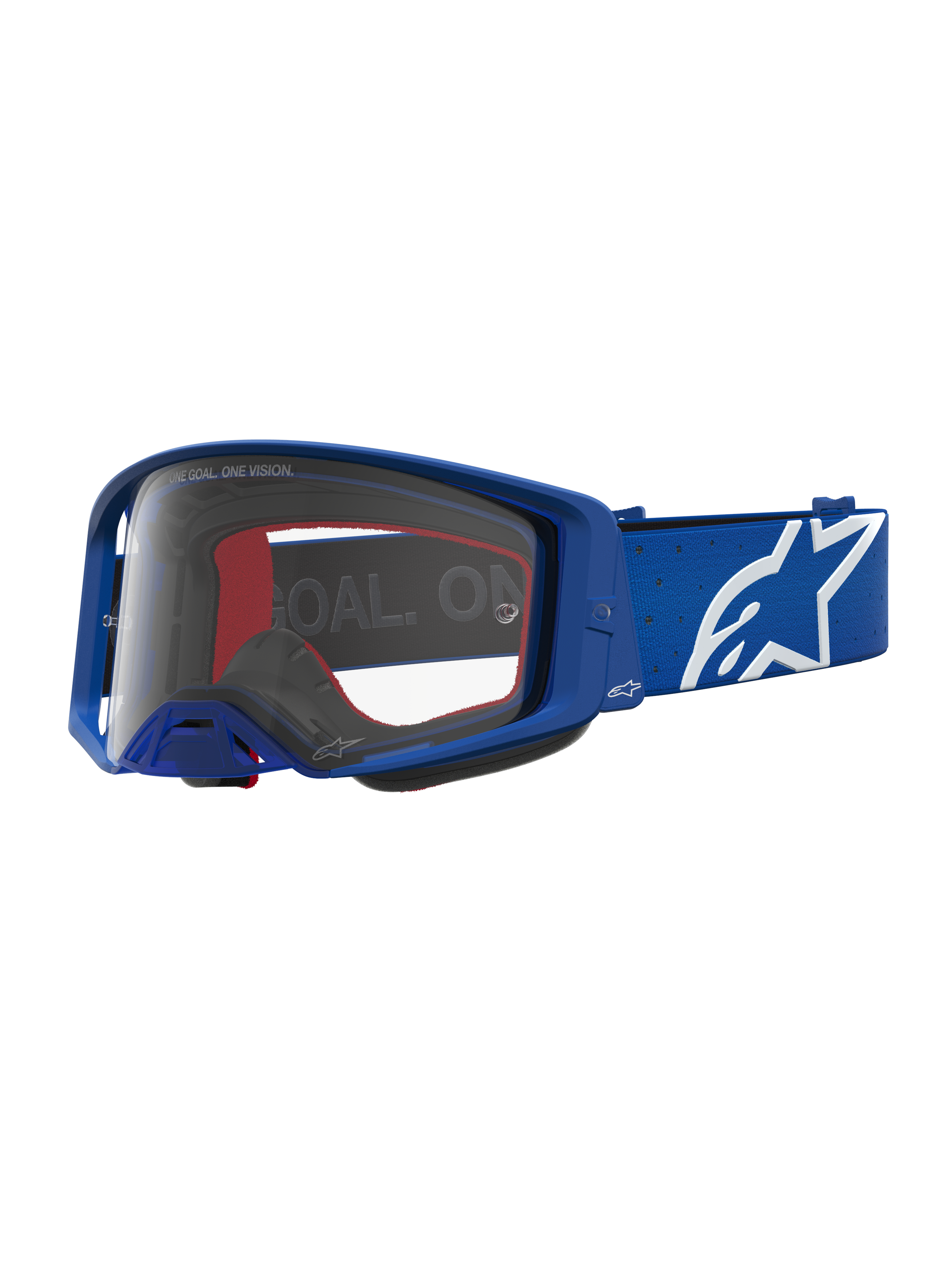 Alpinestars Supertech Vesta Goggles, blue and white motocross goggles with clear polycarbonate lens and signature star logo.