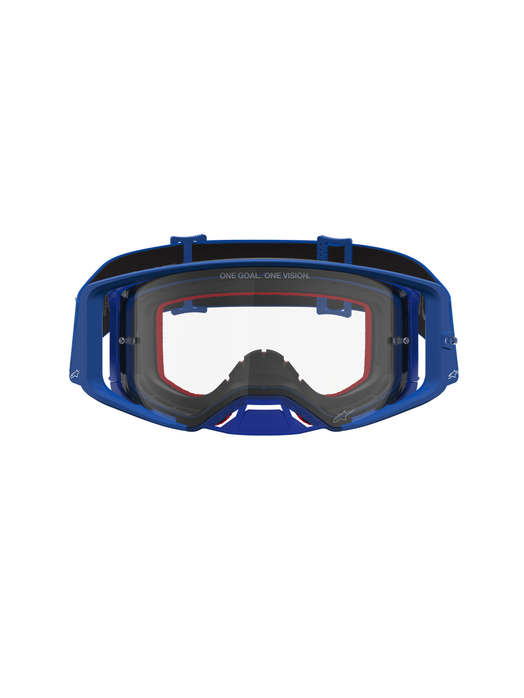 Alpinestars Supertech Vesta Motocross Goggles, blue and white frame, clear lens for high-performance off-road eye protection.