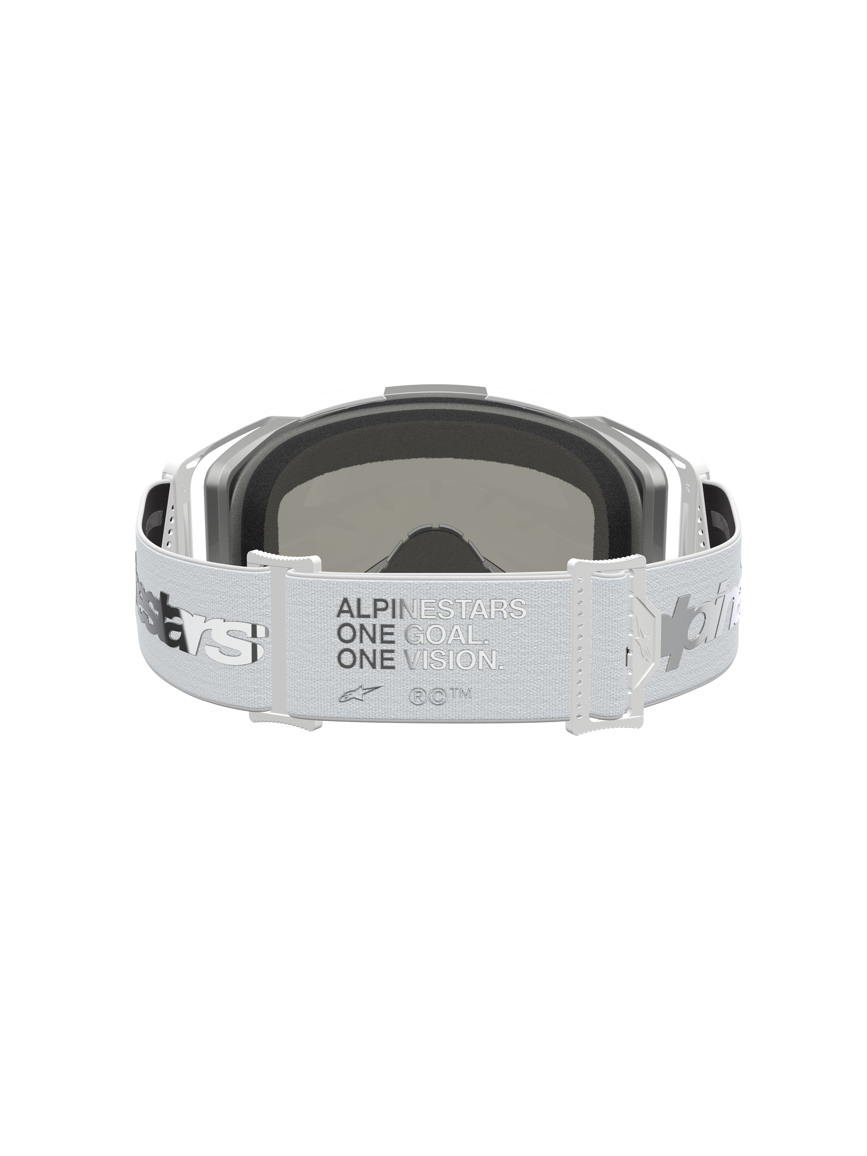 Alpinestars Vision 8 Amber Goggles, white and silver motocross eyewear with 'ONE GOAL. ONE VISION.' on the wide strap.