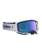 Alpinestars Vision 8 Amber Mirror Goggles in navy and white feature a blue mirrored lens and RAM-AIR ventilation for motocross.