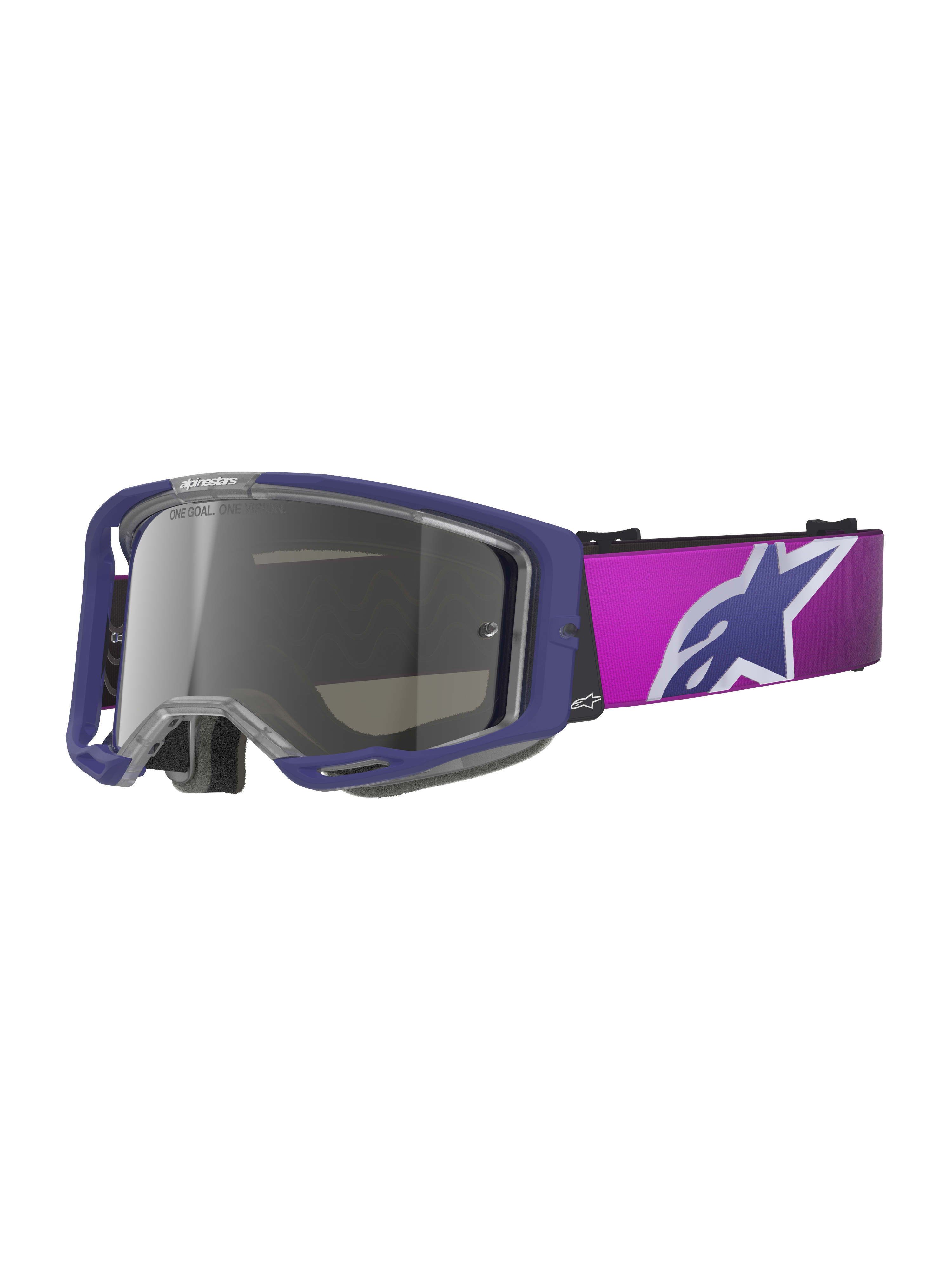Alpinestars Vision 8 Corp Goggles, Motocross Goggles, Purple and Pink with Light Gray Mirror Silver lens, featuring a large Alpinestars star logo on the strap, lightweight A-FLEX frame design for off-road racing