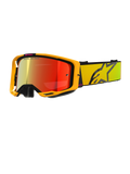 Alpinestars Vision 8 Corp Goggles, Yellow and Pink Motocross Goggles, Red Mirror Reflective Lens, Wide yellow strap with large black star logo, 'ONE GOAL. ONE VISION.' branding, professional off-road racing eyewear