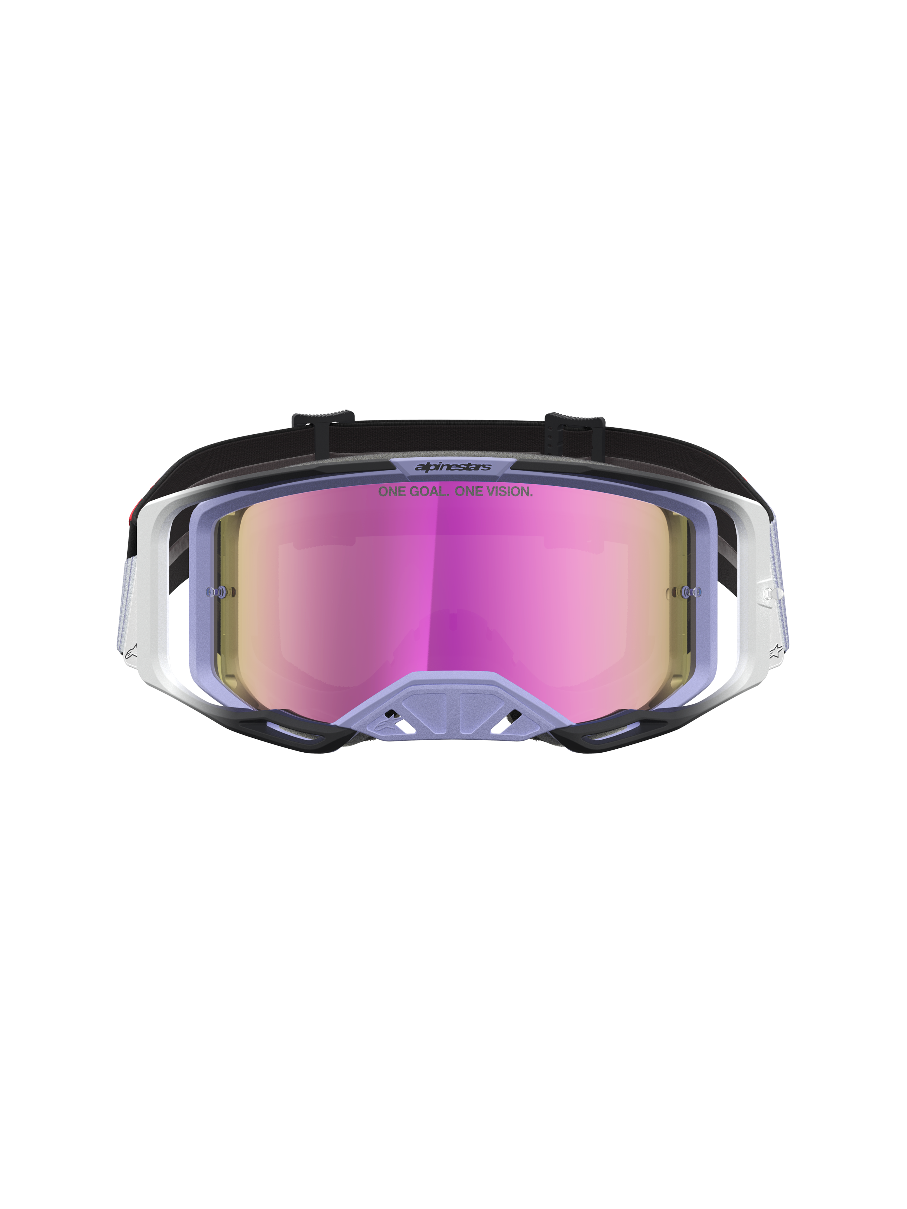 Alpinestars Vision 8 Maven Motocross Goggles in Lavender and Black, featuring a Mirror Pink anti-fog lens, A-FLEX frame, and RAM-AIR ventilation for off-road racing.