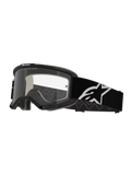 Alpinestars Vision 5 Corp Goggles, Motocross Goggles, Black and Clear, featuring a clear anti-fog lens, black frame with RAM-AIR ventilation, and a wide black strap with a white star logo, designed for off-road racing.