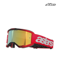 Alpinestars Vision 5 Blaze Goggles, motocross off-road goggles, Red and Gold, featuring mirror lens, wide strap with white Alpinestars branding, and multi-stage face foam, CE certified