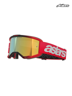 Alpinestars Vision 5 Blaze Goggles, motocross off-road goggles, Red and Gold, featuring mirror lens, wide strap with white Alpinestars branding, and multi-stage face foam, CE certified