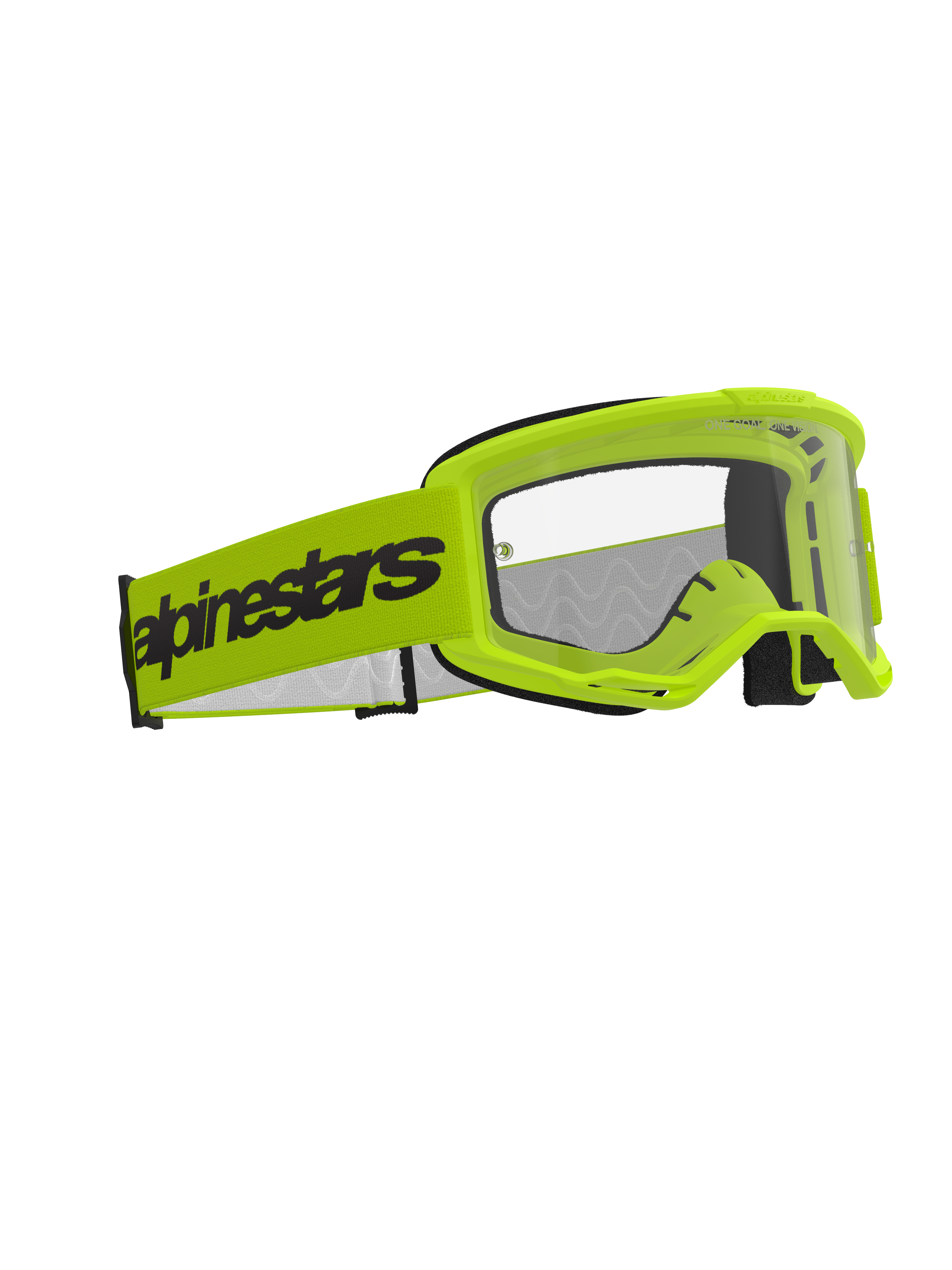 Alpinestars Vision 3 Wordmark Goggles, Motocross Goggles, Yellow Fluo with Clear Lens, wide fluo yellow strap featuring black Alpinestars wordmark, lightweight A-FLEX frame with RAM-AIR ventilation, high-performance eye protection for off-road racing