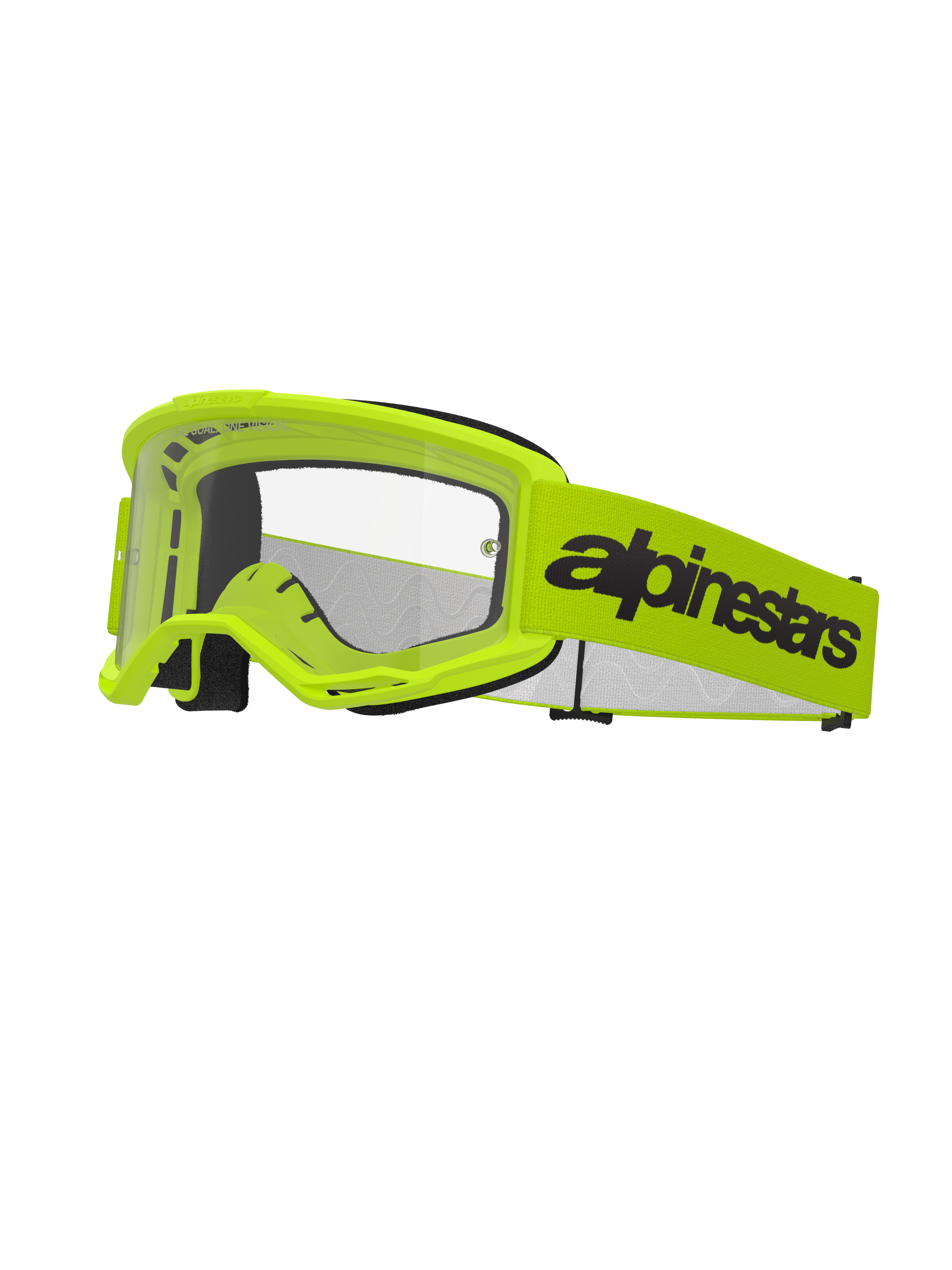 Alpinestars Vision 3 Wordmark Goggles, Motocross Goggles, Yellow Fluo and Black, Clear Lens, wide yellow strap with bold black wordmark logo, black foam padding, off-road racing eyewear