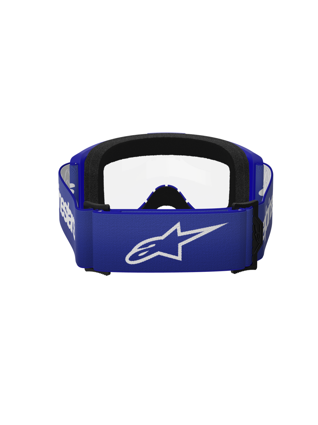 Alpinestars Vision 3 Wordmark Goggles, Motocross Goggles, Blue and Clear, rear view featuring a wide blue strap with a white A-star logo, black foam padding, and clear lens, designed for off-road racing