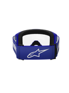 Alpinestars Vision 3 Wordmark Goggles, Motocross Goggles, Blue and Clear, rear view featuring a wide blue strap with a white A-star logo, black foam padding, and clear lens, designed for off-road racing