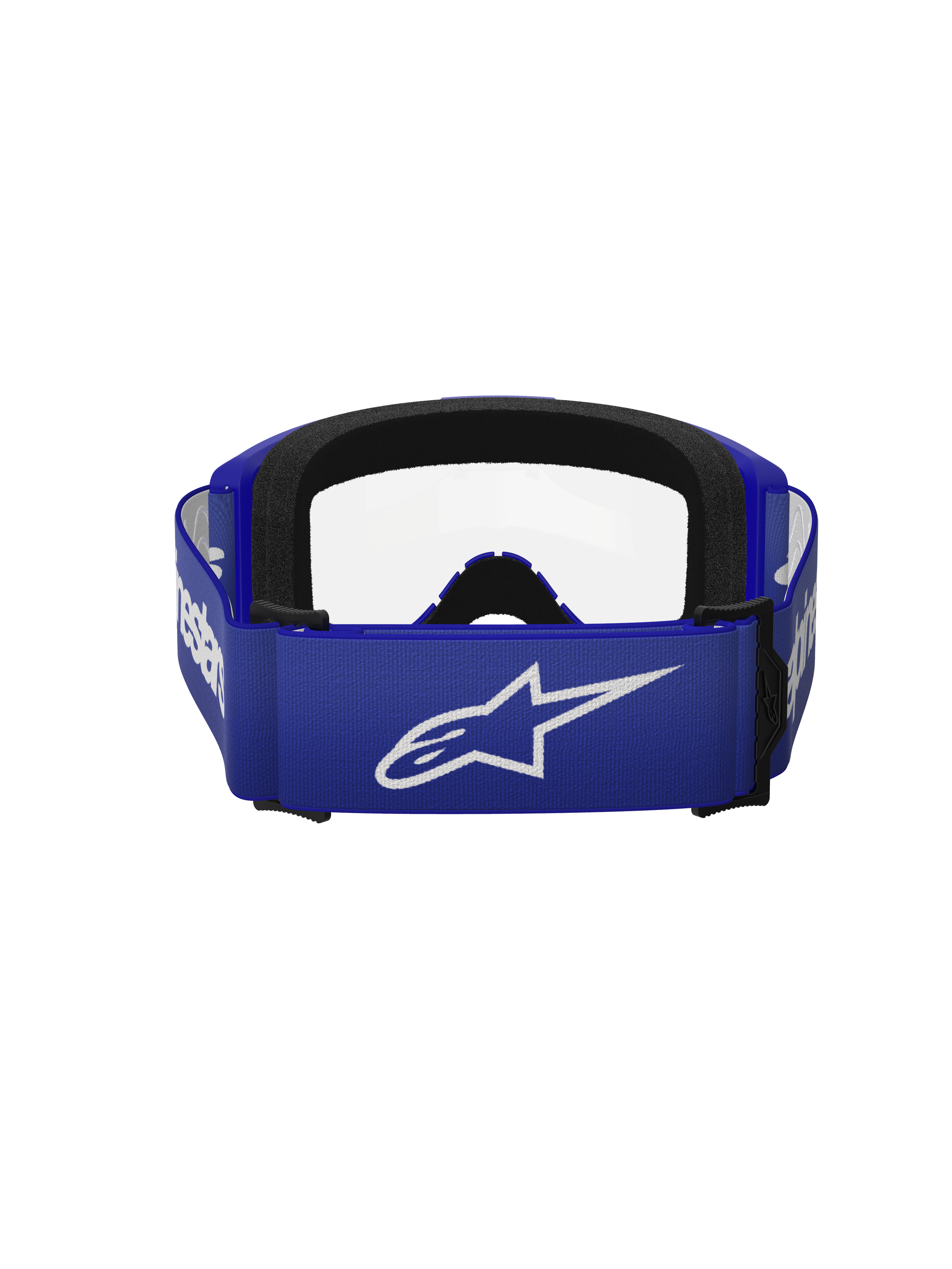 Alpinestars Vision 3 Wordmark Goggles, Motocross Goggles, Blue and Clear, rear view featuring a wide blue strap with a white A-star logo, black foam padding, and clear lens, designed for off-road racing